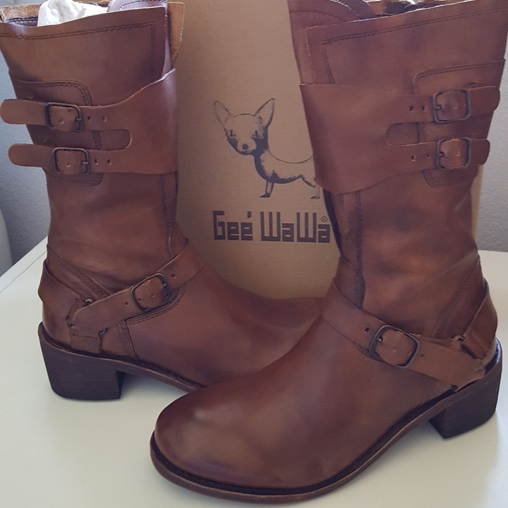 NIB Gee Wawa Strappy Engineer Boots Brown Blow Out